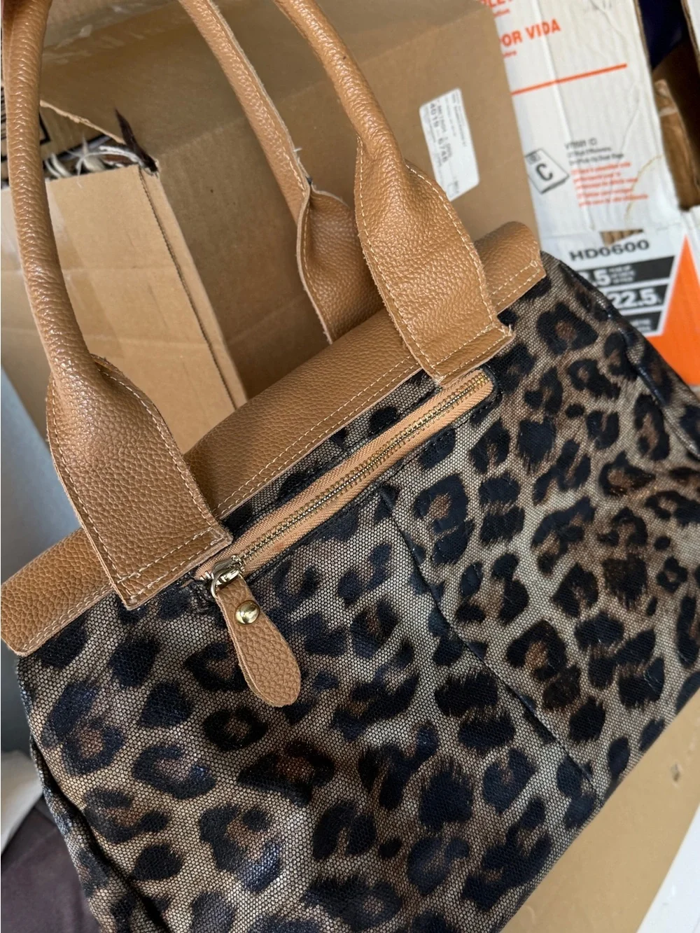 Genuine leather Leopard Print Tote with Tan Leather Trim and designer accents